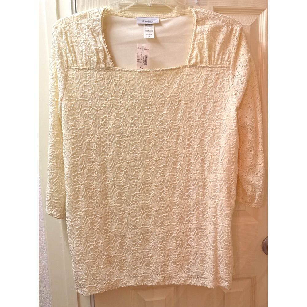 Dressbarn Woman Cream Lace Blouse 3X Plus Square Neck 3/4 Sleeve NWT
